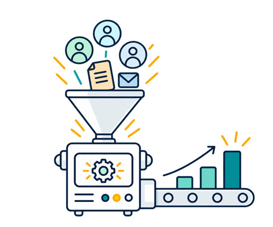 Leads flowing through an automation machine into increasing revenue growth Leads flowing through an automation machine into increasing revenue growth